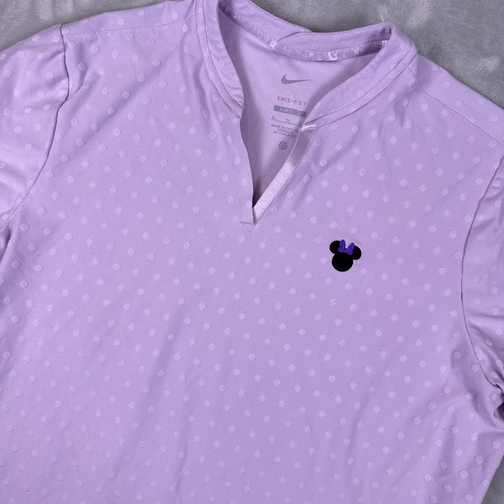 Nike Dri-FIT Disney Minnie Mouse Golf Polo Shirt Purple Polka Dot Women XL Slim